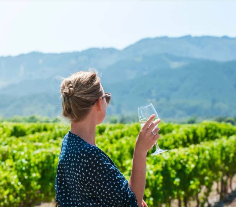 Woman holding a glass of white wine standing in a green vineyard with mountains in the background. Credit: Great Journeys