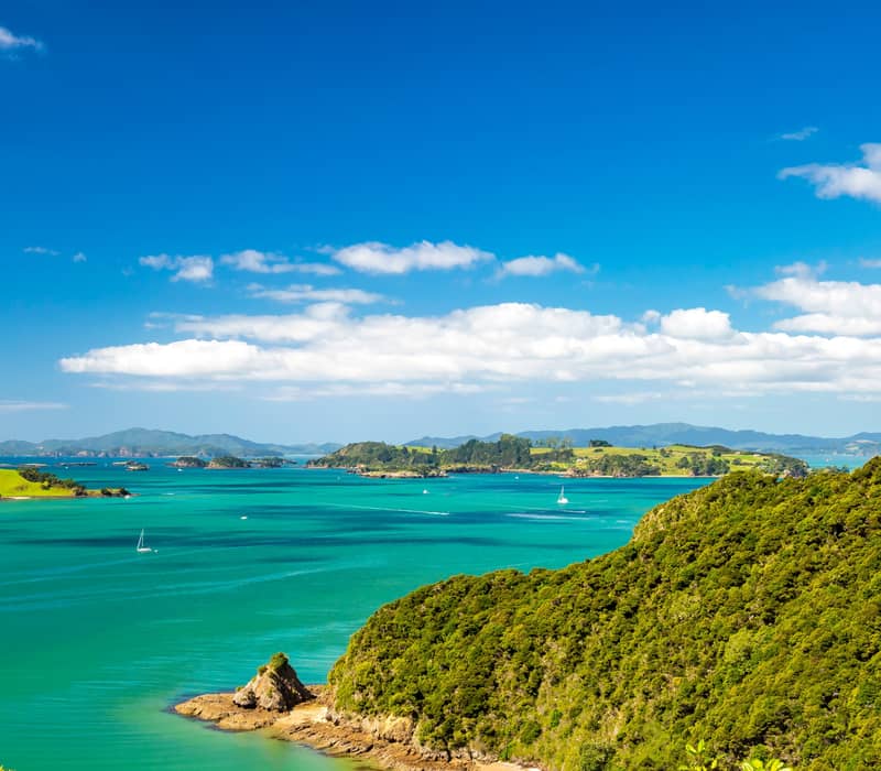 Coastal landscape with green hills, turquoise sea, sailboats, and blue sky with clouds. Credit: Pure Discoveries