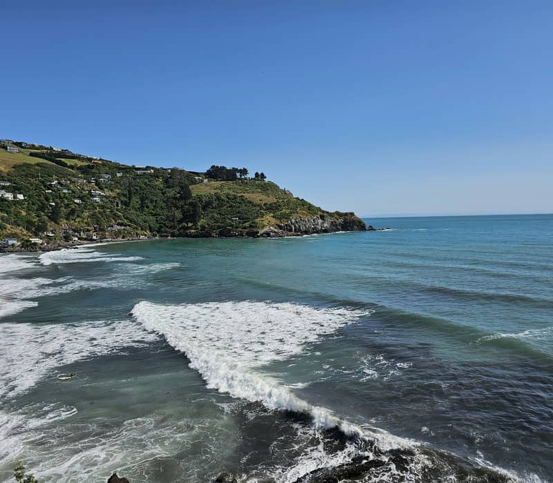 An elevated coastal view of rolling ocean waves rolling into a bay bounded by a steep green headland dotted with houses under a clear blue sky. Credit: Christine Suwandy - Unsplash