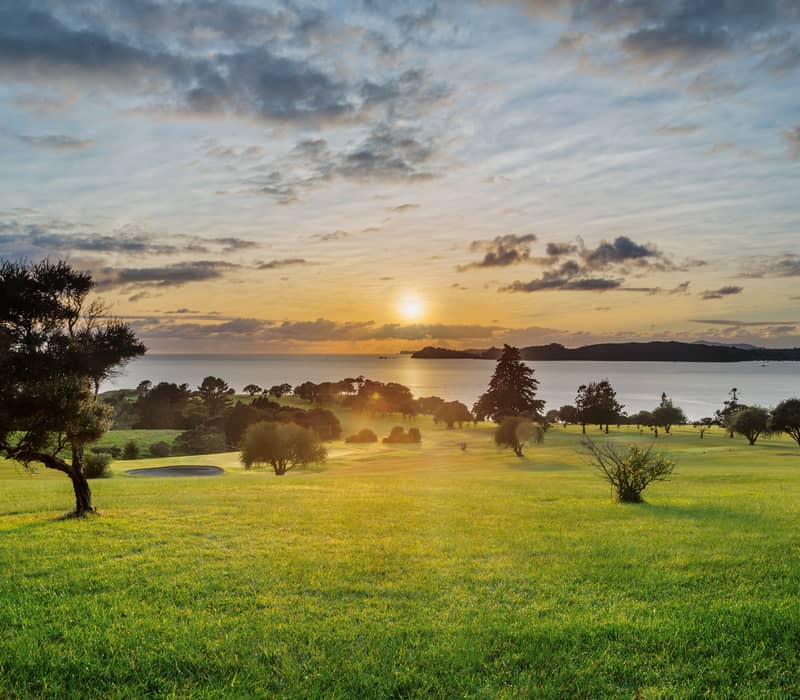 A wide landscape of rolling green lawns and trees at the Waitangi Treaty Grounds during a golden sunrise overlooking the Bay of Islands. Credit: NZ Fine Touring - Photographer unknown