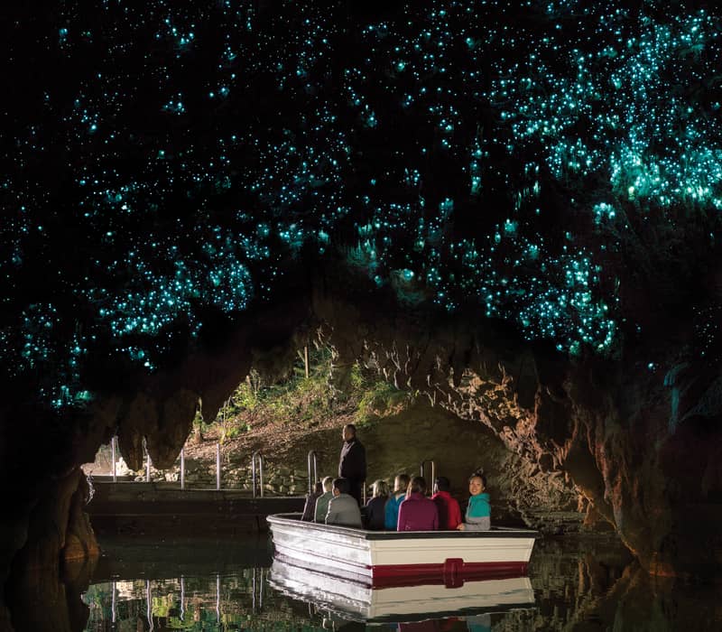 People in a boat inside Waitomo Glowworm Cave with glowing blue lights on the cave ceiling. Credit: New Zealand Fine Touring