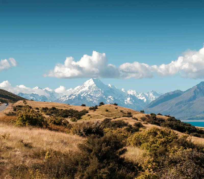 A wide panoramic daytime view of an open highway curving through golden tussock hills alongside the vibrant turquoise waters of Lake Pukaki toward snow-capped alpine mountains under a bright blue sky. Credit: James Pere - Unsplash