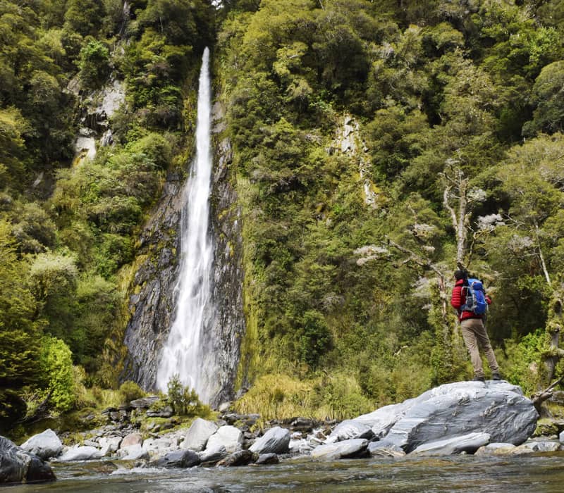 Hiker with backpack standing on rock looking at tall waterfall surrounded by dense forest. Credit: Cheeky Kiwi Travel