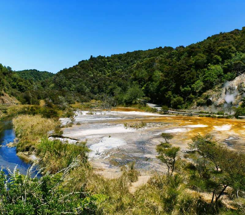 A steaming geothermal stream winding past vibrant orange and yellow mineral terraces and lush green forested hills under a blue sky. Credit: Simon Hurry - Unsplash