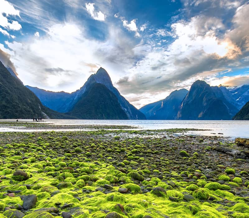 View of a lake surrounded by green moss-covered rocks and tall mountains under cloudy sky. Credit: Pure Discoveries
