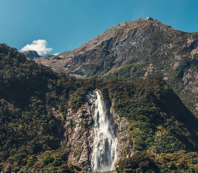 A powerful waterfall cascading down a tree-covered mountain cliff into the dark blue waters of Milford Sound. Credit: Ivan Sanford - Unsplash