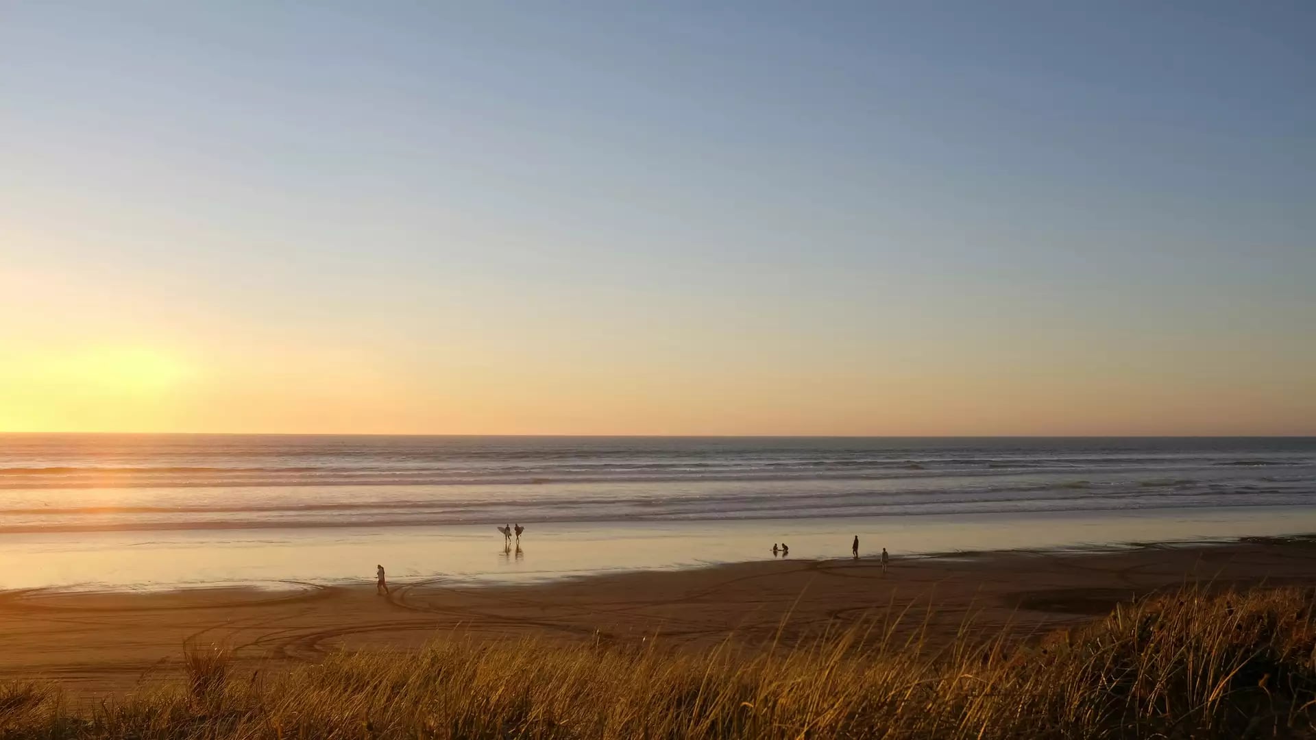 A wide landscape view of a vast sandy beach at sunset, framed by golden beach grass in the foreground, with several people and surfers silhouetted against the rolling waves and a gradient sky. Credit: Grace Caadiang - Unsplash