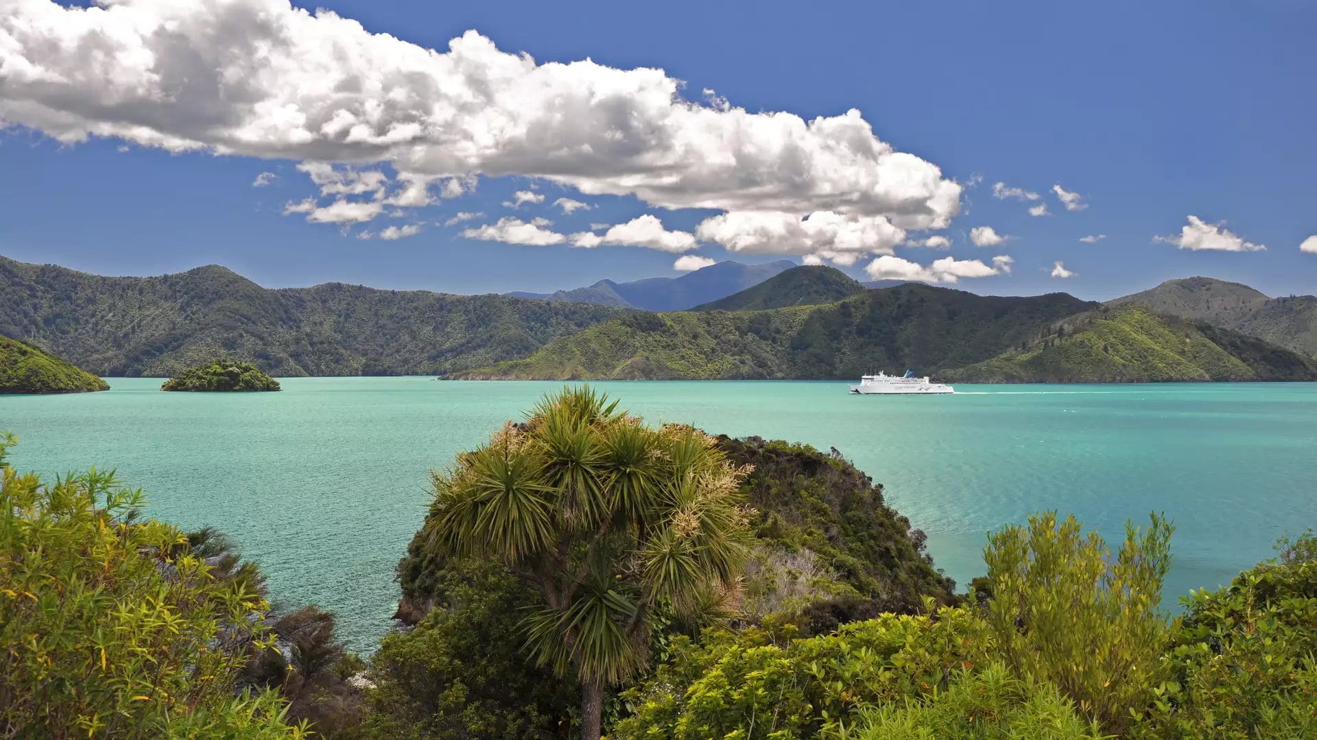 White ferry on turquoise bay water with green islands and hills, under blue sky with clouds. Credit: Fine Tours Group - Photographer unknown