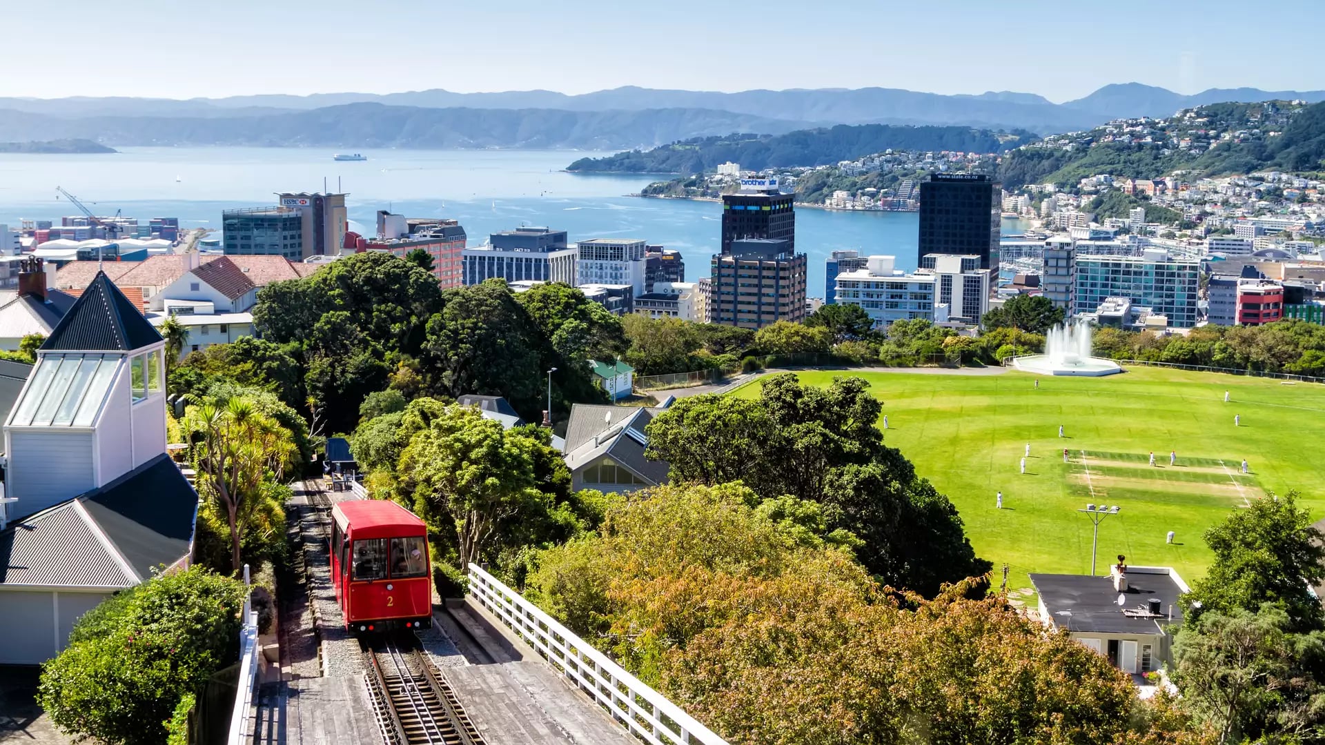Red funicular tram climbing a green hill with Wellington city, water, and mountains in the background under a blue sky. Credit: G Adventures
