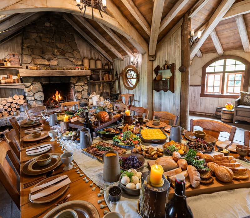 An atmospheric, warm-toned interior view of a rustic, hobbit-style dining room, featuring a long wooden table laden with a bountiful feast including breads, salads, roasted meats, and candles. A roaring stone fireplace with a stack of firewood sits in the background, set within a cozy, timber-framed space with exposed wooden beams. Credit: Hobbiton Movie Set Tours