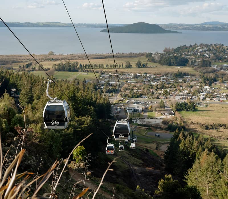 View of lake and Skyline Gondola over Rotorua Credit: Skyline Rotorua