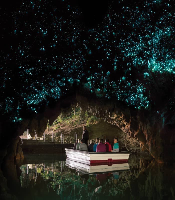 People in a boat inside Waitomo Glowworm Cave with glowing blue lights on the cave ceiling. Credit: New Zealand Fine Touring