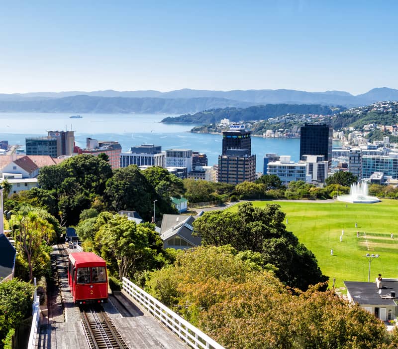 Red cable car moves up hill with city, cricket field and harbor in background under clear sky. Credit: New Zealand Fine Touring