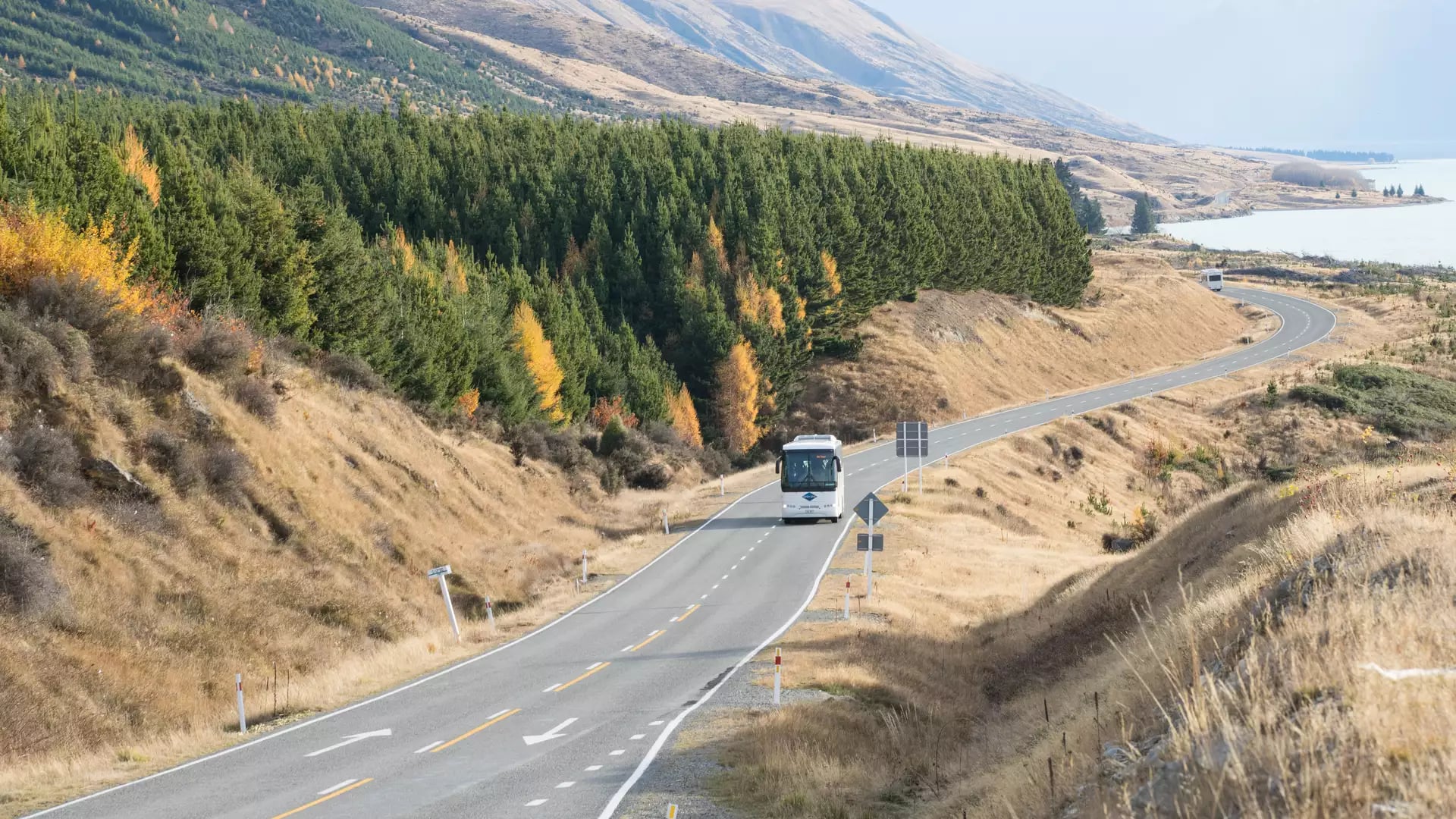Coach driving on winding road next to Lake Pukaki with hills and trees showing autumn colors Credit: Entrada - Gray Line / Great Sights