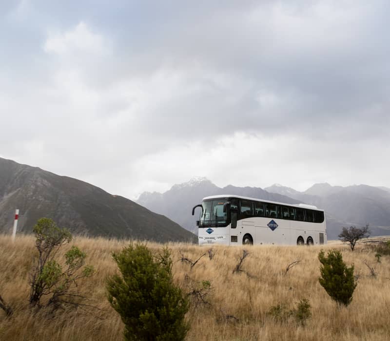 Gray Line coach bus on a winding road with snow-capped mountains and cloudy sky in the background. Credit: Entrada - Gray Line / Great Sights