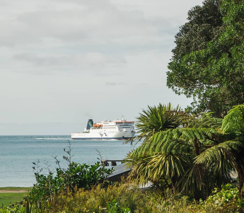 Ferry sailing on ocean near green coast with trees and cloudy sky. Credit: Interislander