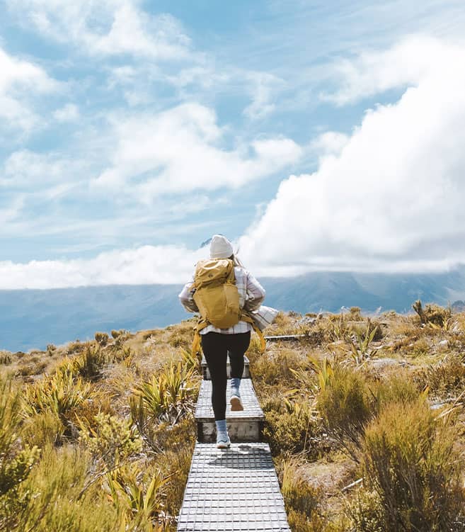 Person hiking on a boardwalk trail in the mountains with a yellow backpack and cloudy sky. Credit: Fiordland Tours