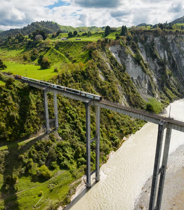 Train traveling across a high viaduct over a river surrounded by green hills and forested cliffs. Credit: Kiwi Rail