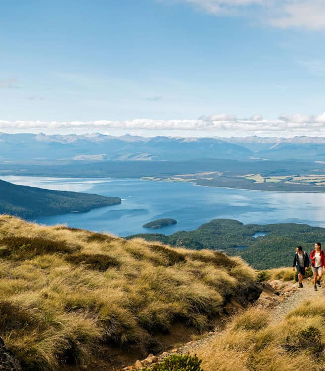 Two people hiking on a grassy mountain trail with a lake and mountains in the background. Credit: Fiordland Tours