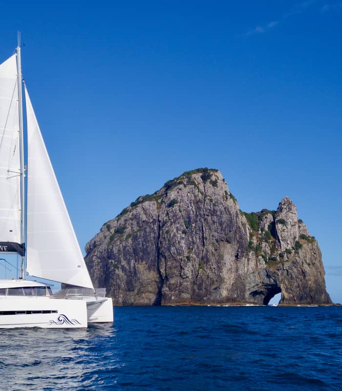 White catamaran sailing near a large rock formation with a natural arch over blue ocean water.