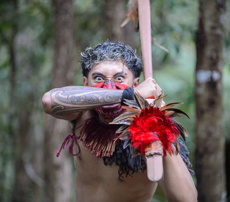 Māori warrior with tattoos and face paint holding a feathered weapon in a forest setting. Credit: Waitangi Treaty Grounds